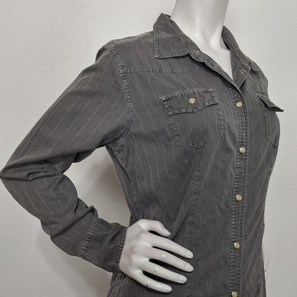 Harley Davidson Gray Moto Bikercore Long Sleeve Button Front Denim Jacket Size M - Picture 4 of 13